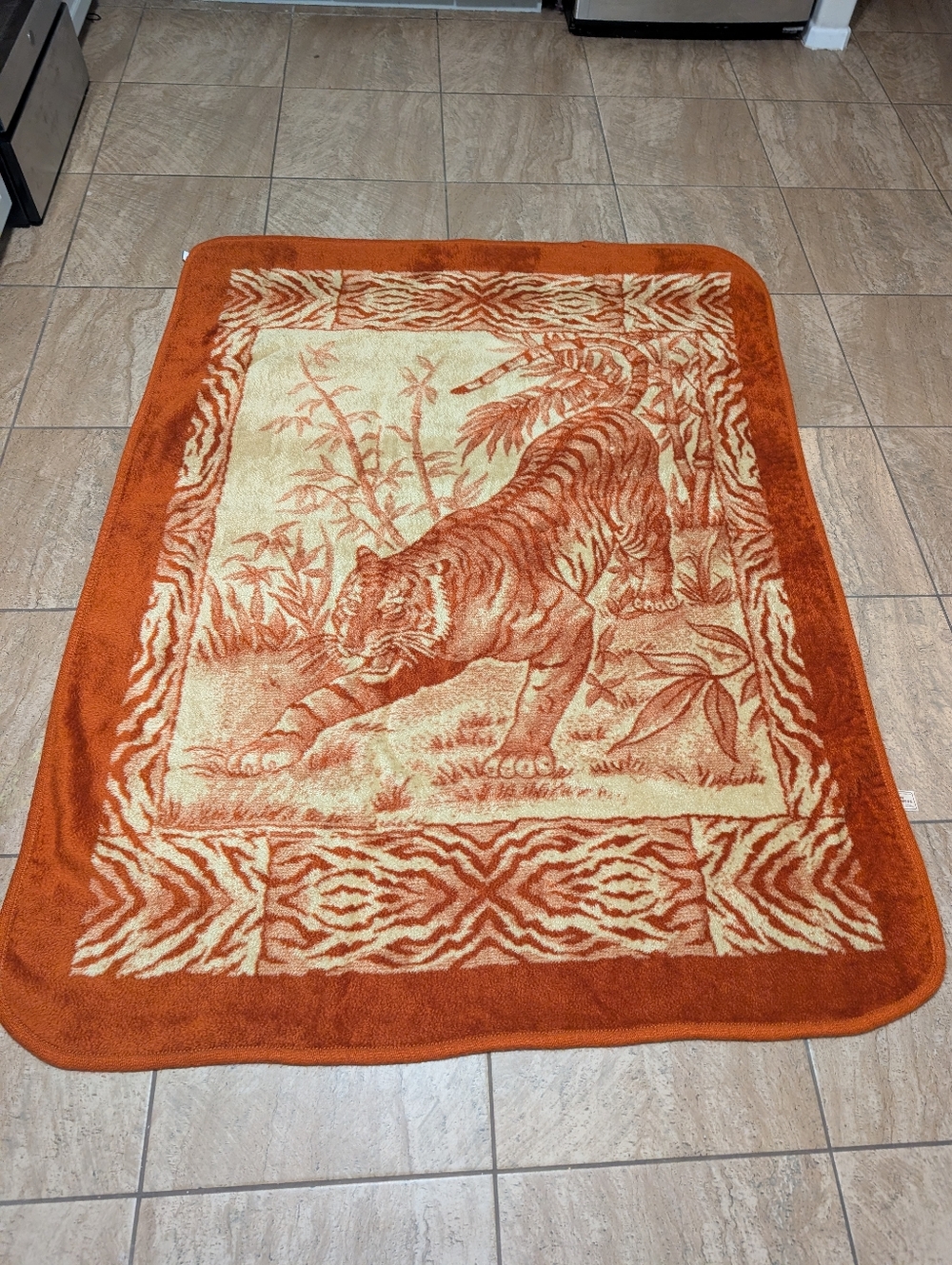 Vintage SAN Marcos Tiger Print Blanket Reversible Orange 81x62 Made In Mexico